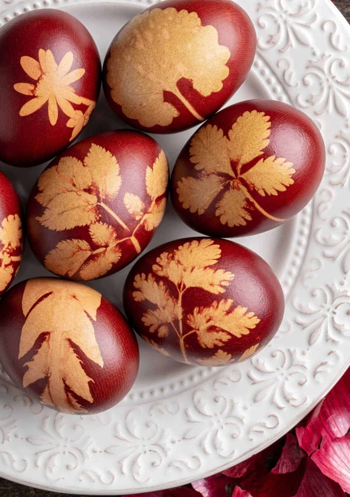 Eggs dyed with onion skins and flower petals