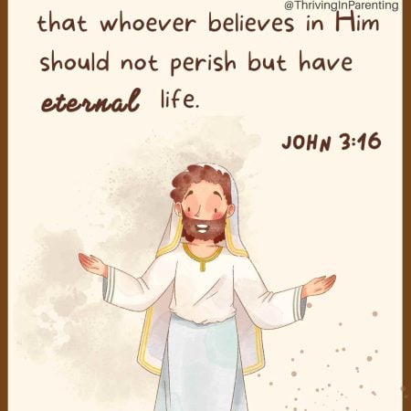 Easter Bible verse for kids with a clipart picture of Jesus Christ